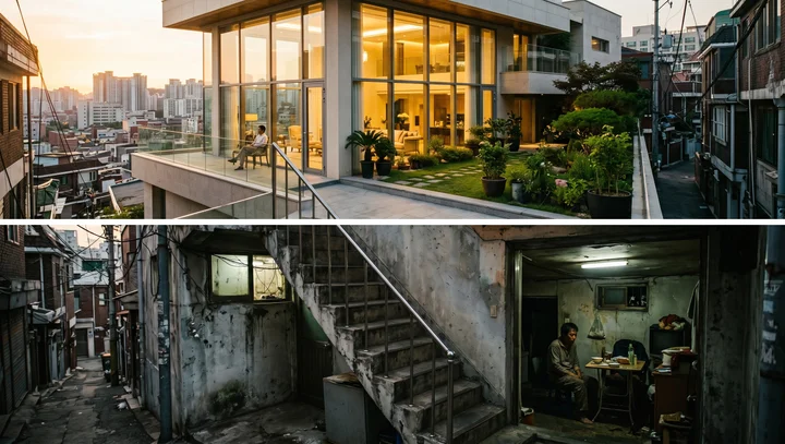미장센 뜻을 보여 주는 예시로 위 칸에는 노을빛이 드는 저택 테라스, 아래 칸에는 계단 아래 어두운 반지하 방을 나눠 놓은 장면