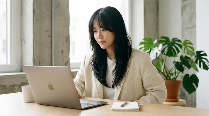 노트북으로 작업하는 여성의 모습