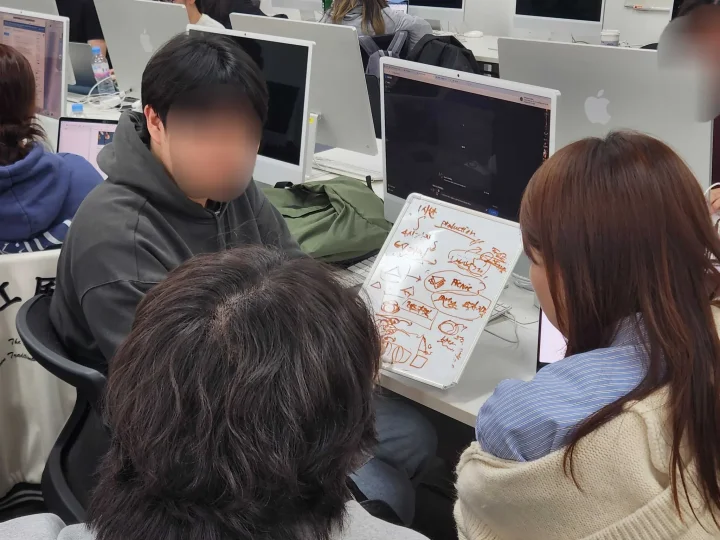 팀원들이 화이트보드에 영상 구성을 정리하며 제작을 준비하는 모습