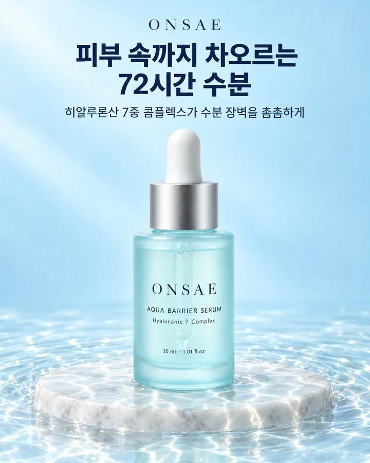 하늘빛 배경과 물이 고인 대리석 받침 위 세럼 병, 위쪽에 피부 속까지 차오르는 72시간 수분 메인 카피와 서브 카피가 있는 광고 소재