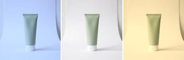 같은 핸드크림 튜브를 찍은 세 컷이 각각 푸른빛, 제 색, 노란빛으로 달라진 모습을 나란히 놓은 제품 사진 촬영 예시
