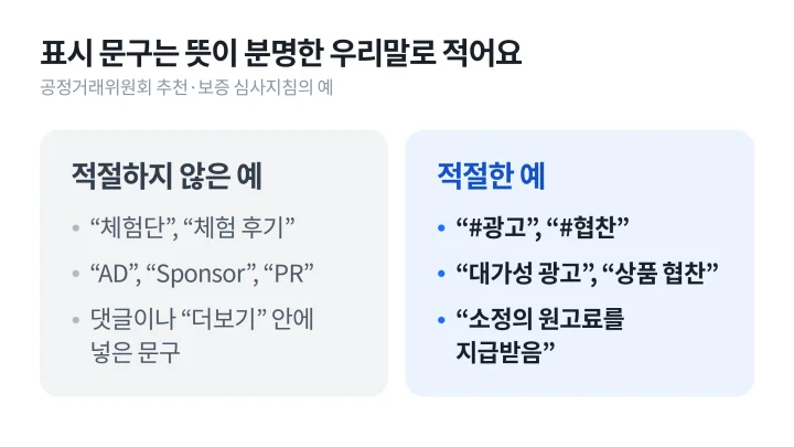 공정거래위원회 심사지침이 든 광고 표시 문구의 적절한 예와 적절하지 않은 예를 크리에이티브 브리프 필수 칸에 옮기기 위해 비교한 도식