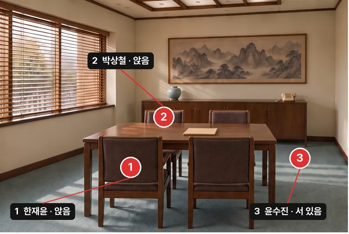 접견실 배경 이미지에 세 사람의 자리를 번호로 표시했어요.