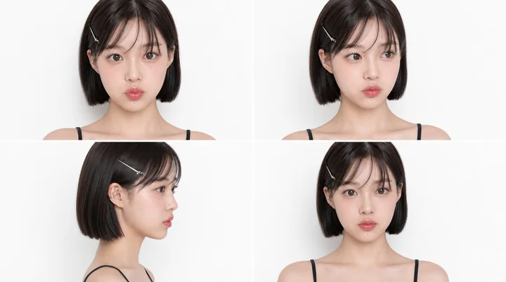 정면·3/4·측면·표정 네 칸으로 만든 캐릭터시트예요.