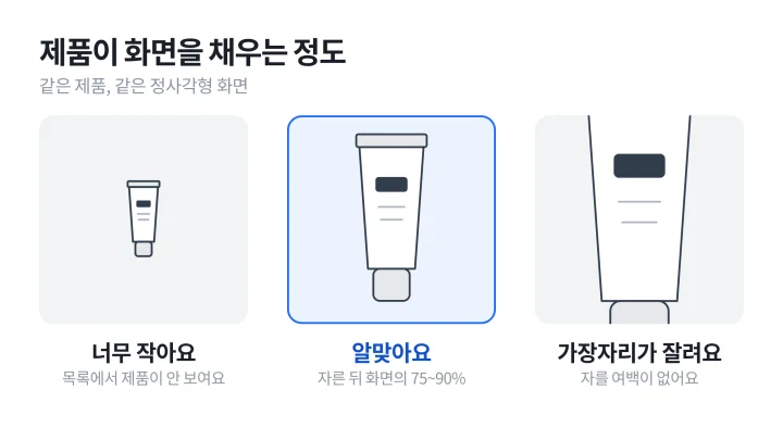 제품 사진 촬영 때 구도를 잡는 법을 보여 주려고 정사각형 화면 세 개에 같은 핸드크림을 크기만 달리해 넣은 도식으로, 가운데 칸의 제품이 화면을 알맞게 채웠다