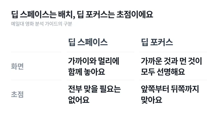 미장센 뜻과 함께 자주 나오는 딥 스페이스와 딥 포커스를 배치와 초점 기준으로 나란히 비교한 도식