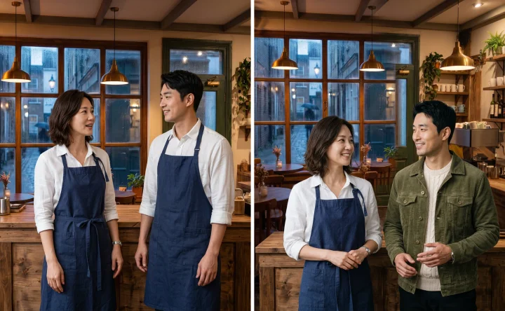 같은 카페 장면에서 왼쪽은 남자가 여자와 똑같은 남색 앞치마를 입었고, 오른쪽은 남자가 자기 올리브색 코듀로이 재킷을 입은 AI 캐릭터 일관성 비교 생성 예시
