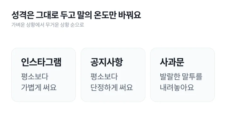 인스타그램, 공지사항, 사과문 상황에 따라 말의 온도를 조절하는 모습을 정리한 톤앤매너 뜻 예시 카드 도식