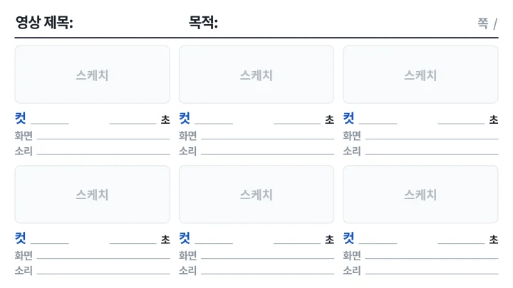 스토리보드 예시에 쓴 양식으로, 스케치 칸 아래에 컷 번호, 초, 화면, 소리를 적는 줄이 있는 여섯 칸짜리 빈 양식