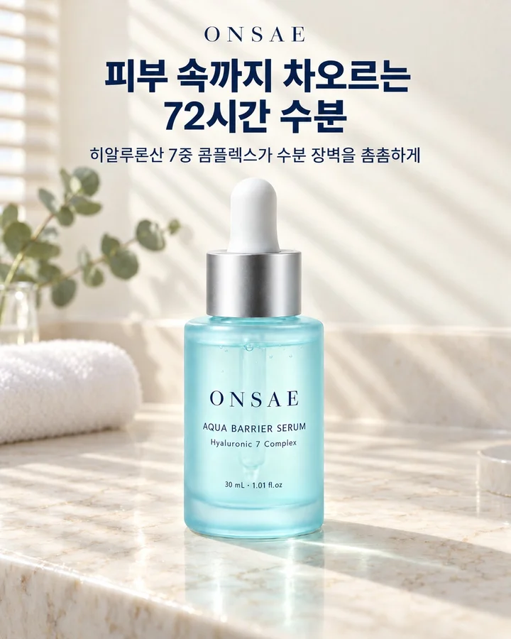 햇살과 블라인드 그림자가 드리운 크림색 대리석 세면대 위 세럼 병, 접힌 흰 수건과 유칼립투스 가지가 놓이고 기준 소재와 같은 카피가 있는 광고 소재