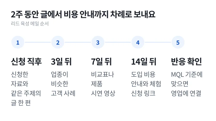 신청 직후, 3일 뒤, 7일 뒤, 14일 뒤, 반응 확인으로 이어지는 리드 육성 메일 다섯 단계를 가로로 놓은 B2B 콘텐츠 마케팅 도식