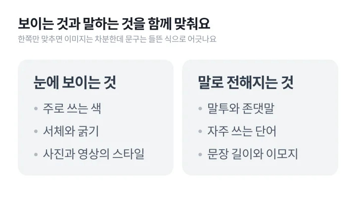 눈에 보이는 것과 말로 전해지는 것으로 나누고 각각의 요소 세 가지를 적은 톤앤매너 뜻 설명 도식