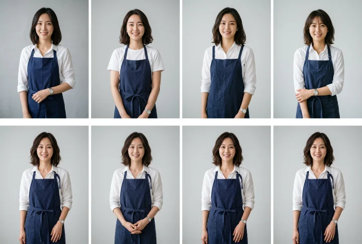 같은 문장으로 만든 윗줄 네 장은 머리 모양과 옷이 조금씩 다르고, 기준 이미지를 함께 넣은 아랫줄 네 장은 같은 얼굴과 앞치마를 유지한 AI 캐릭터 일관성 비교 생성 예시