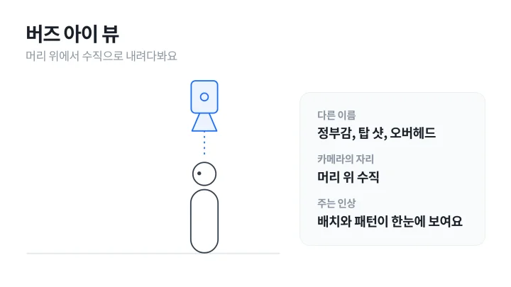 카메라 앵글 중 버즈 아이 뷰: 인물의 머리 위에서 수직으로 내려다보는 카메라 자리를 옆에서 그린 도식
