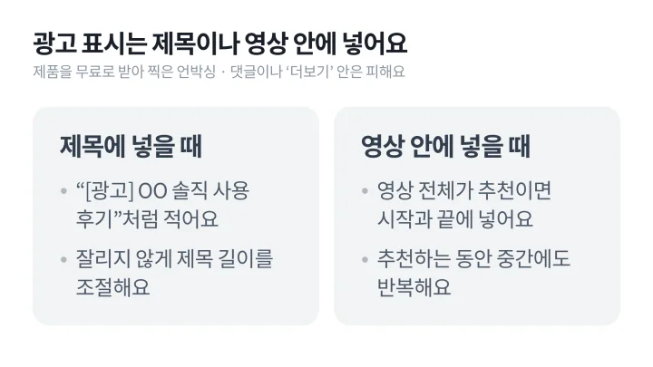 협찬 영상의 광고 표시 문구 자리를 제목에 넣을 때와 영상 안에 넣을 때로 나눠 정리한 언박싱 뜻 설명 도식